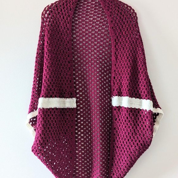 VINTAGE Burgundy Knit Shawl  Short Sleeve Shawl Cardigan Boho Hippie Festival - Picture 2 of 6
